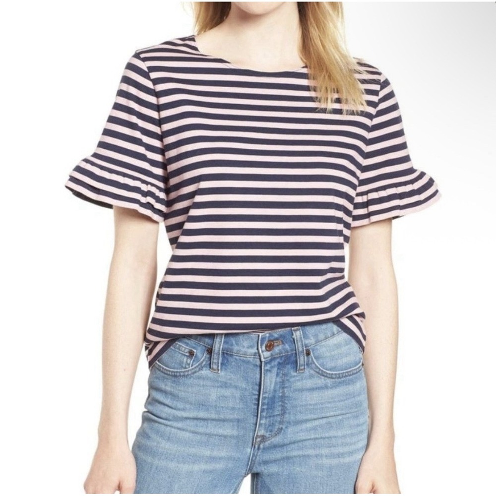 J. Crew Ruffle Bell Sleeve Shirt Sz M Striped Top 100% Cotton Preppy Nautical
